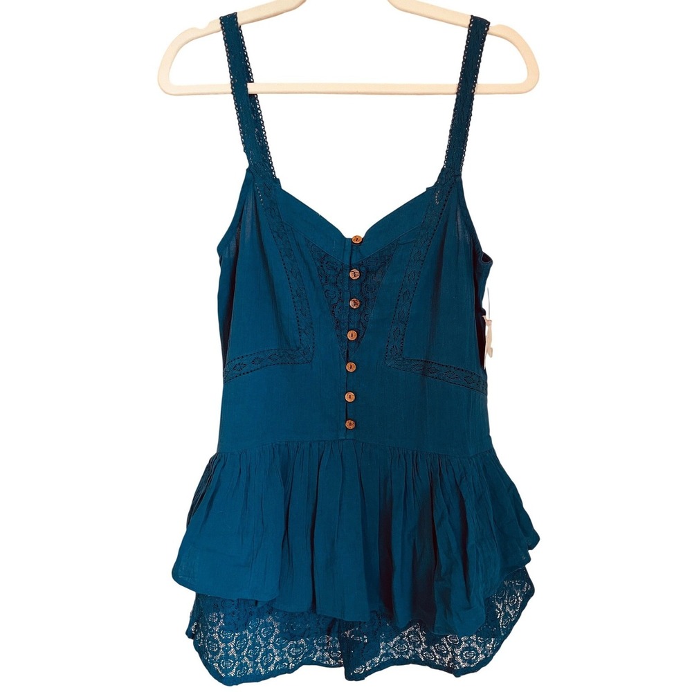 Free People Cher Romper Sailor Blue Size S Gauze Crochet Lace NWT Boho Festival